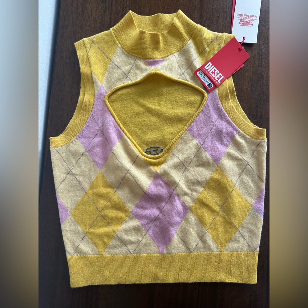 Diesel Yellow Pink Argyle Keyhole Knit Tank